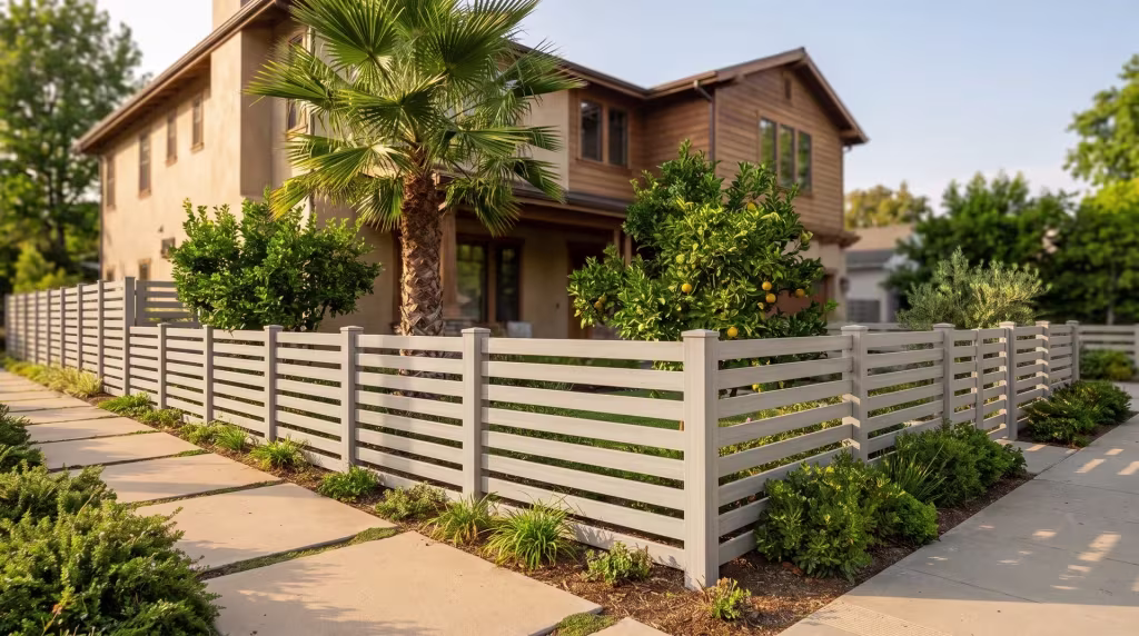 Warm concrete pavers wrap a traditional home's corner beside a Mesquite horizontal picket fence in vinyl