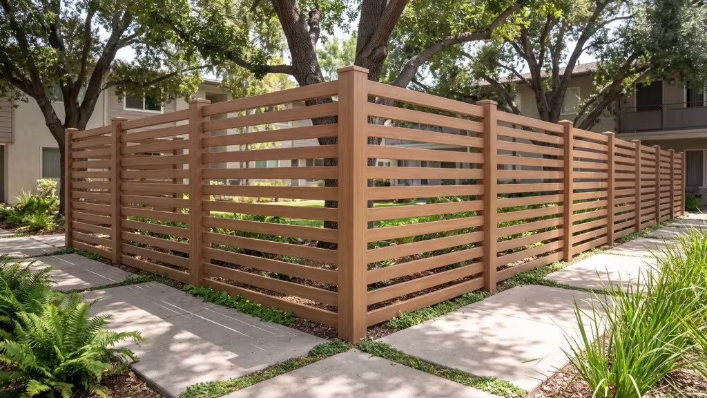 Horizontal picket fence in Sierra Blend vinyl bending around a multifamily courtyard's planted corner