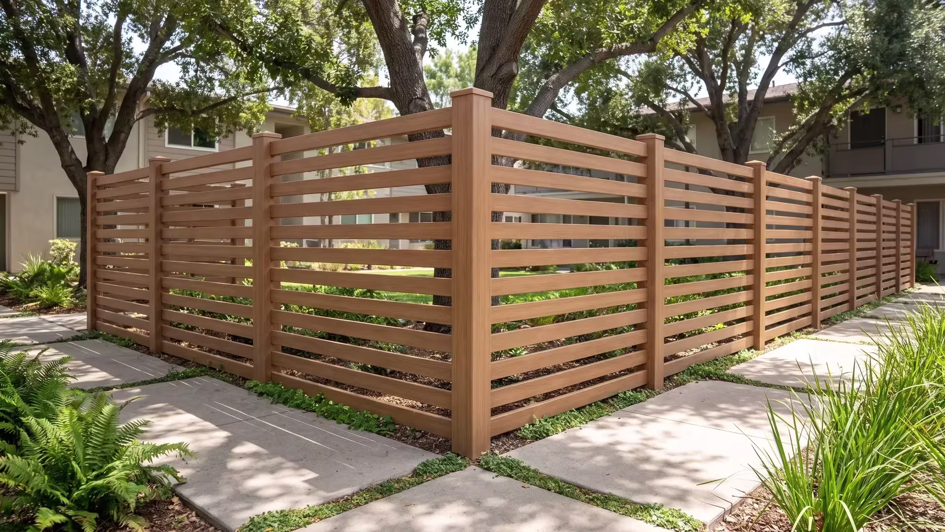 Horizontal picket fence in Sierra Blend vinyl bending around a multifamily courtyard's planted corner