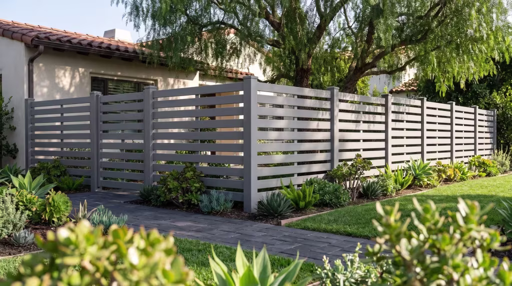 A Slate Gray horizontal picket fence in vinyl stands beside charcoal pavers softened by planting near pepper trees