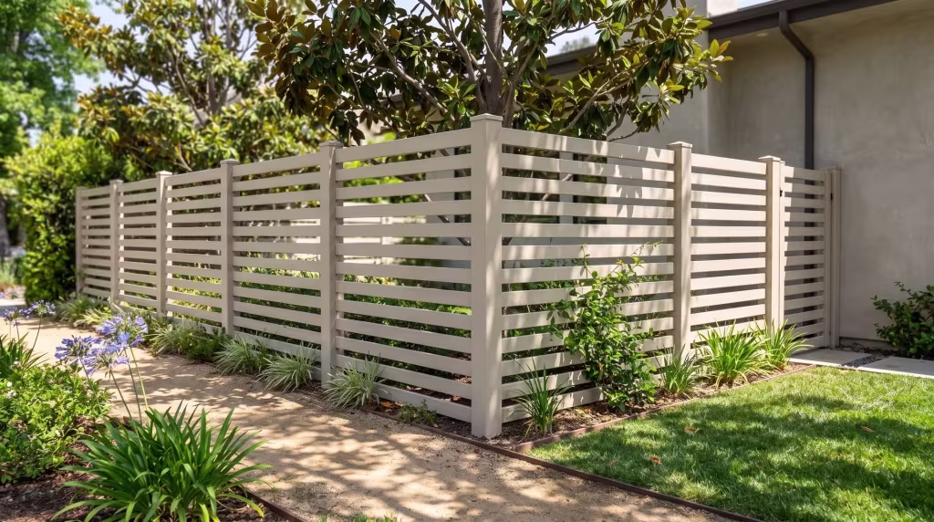 Decomposed granite paths edged in steel run beside a Tan horizontal picket vinyl fence near magnolia and jasmine