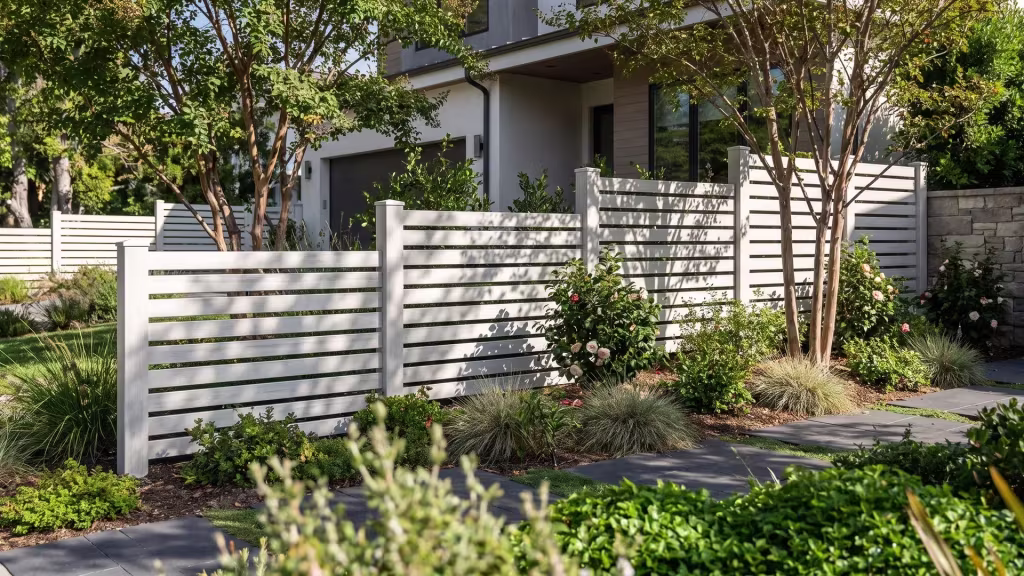 Weathered Aspen vinyl horizontal picket fence stepping down the slope of a modern front garden