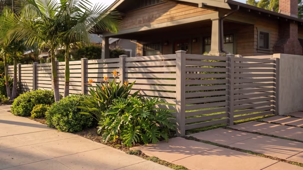 Horizontal picket fence in Weathered Blend vinyl rising behind queen palms and bird of paradise shrubs