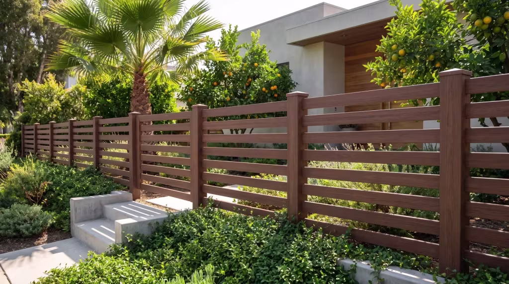 Retaining edges and poured concrete steps rise beside a Brazilian Blend horizontal fence in vinyl near a tall fan palm