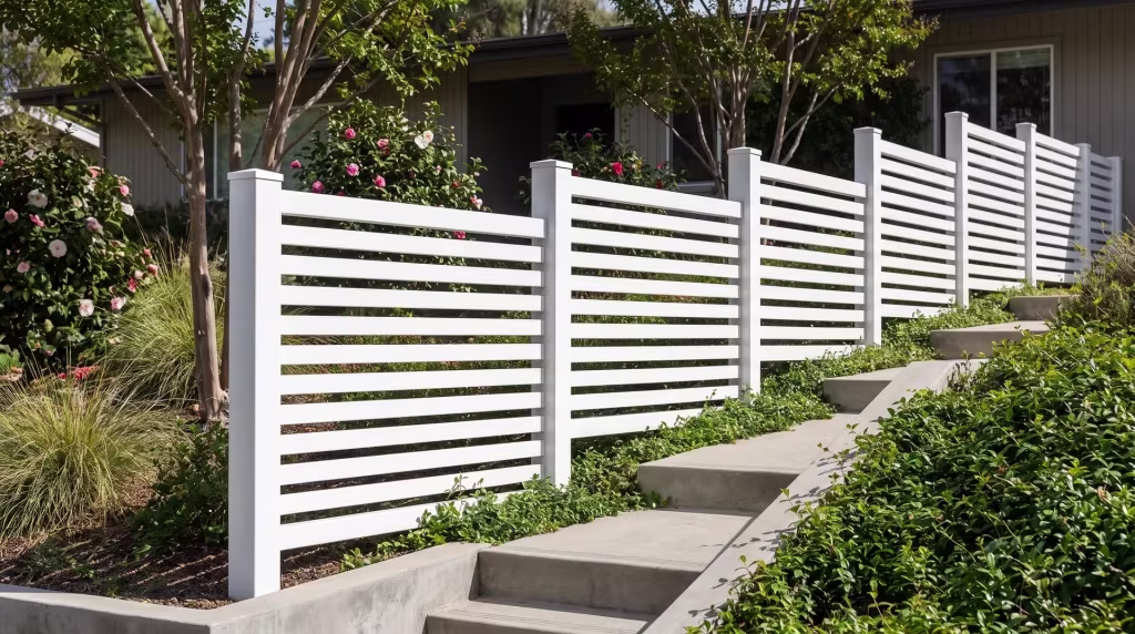 A sloped garden steps down behind a White vinyl picket fence lined with poured concrete retaining edges