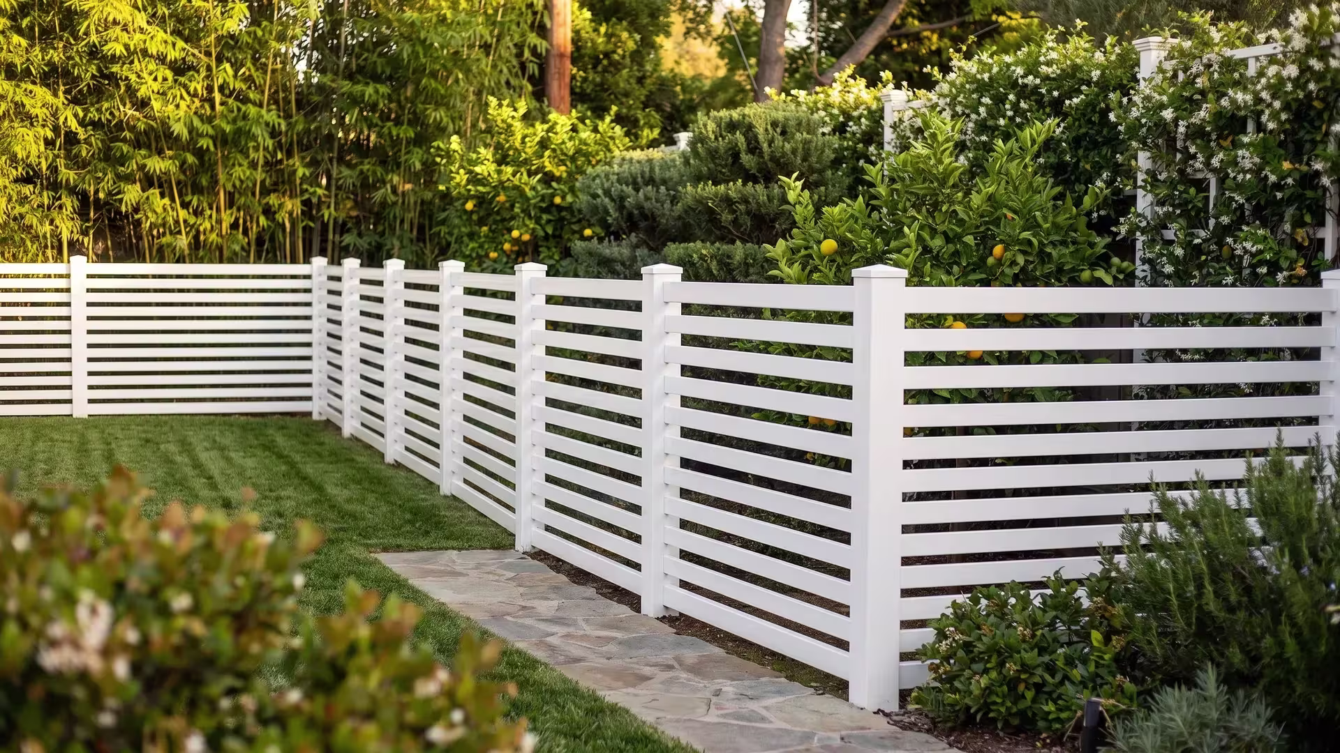 White vinyl horizontal picket fence curving past bamboo screening at a suburban street corner