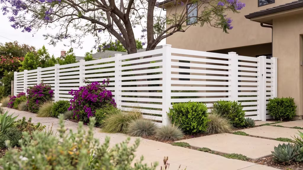 White vinyl horizontal picket fence resting beneath a jacaranda canopy and flowering bougainvillea