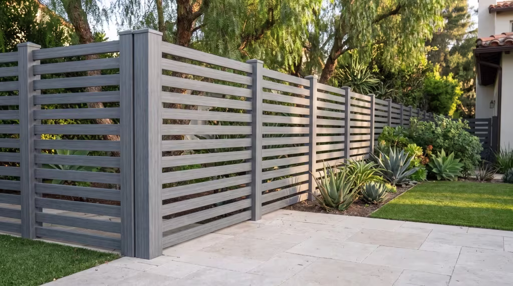 Pale stone paving curves around a Mediterranean home corner where an Arctic Blend picket fence in vinyl turns