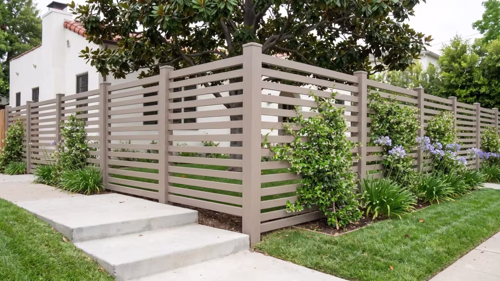 Clay vinyl horizontal picket fence wrapping the corner of a Spanish Revival front garden