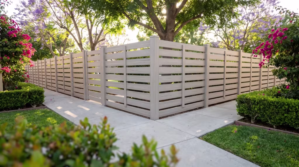 A broom finished concrete walk passes beneath a street tree beside a Coastal Cedar picket fence in vinyl