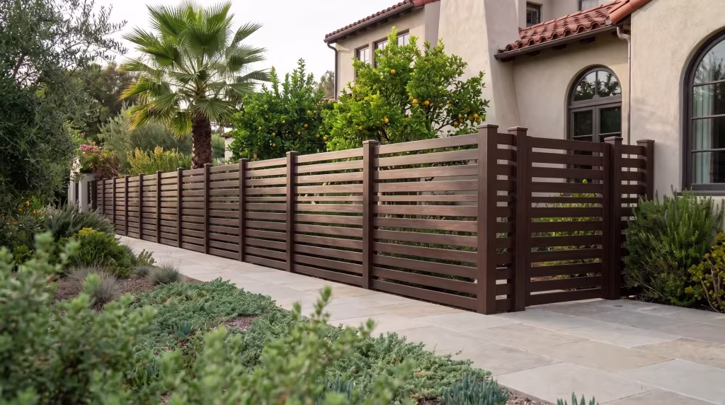 A Dark Sequoia picket fence in vinyl rises above pale stone paving beside a tall fan palm