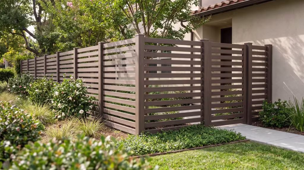 Crepe myrtle and camellias line a broom finished walk beside a Dark Walnut horizontal picket fence in vinyl