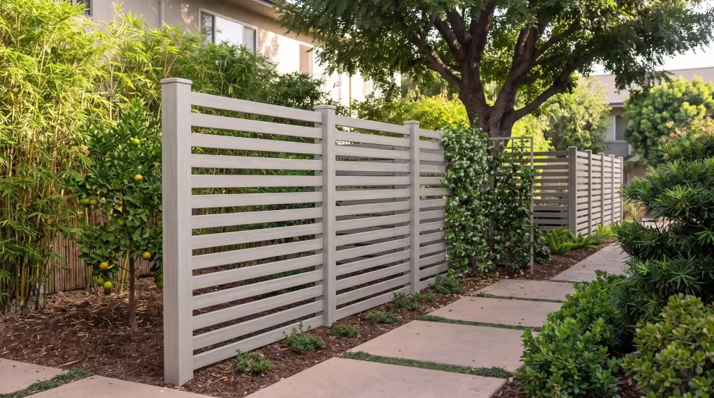 Bamboo screening and star jasmine grow beside a Mesquite picket fence in vinyl shaded by a street tree