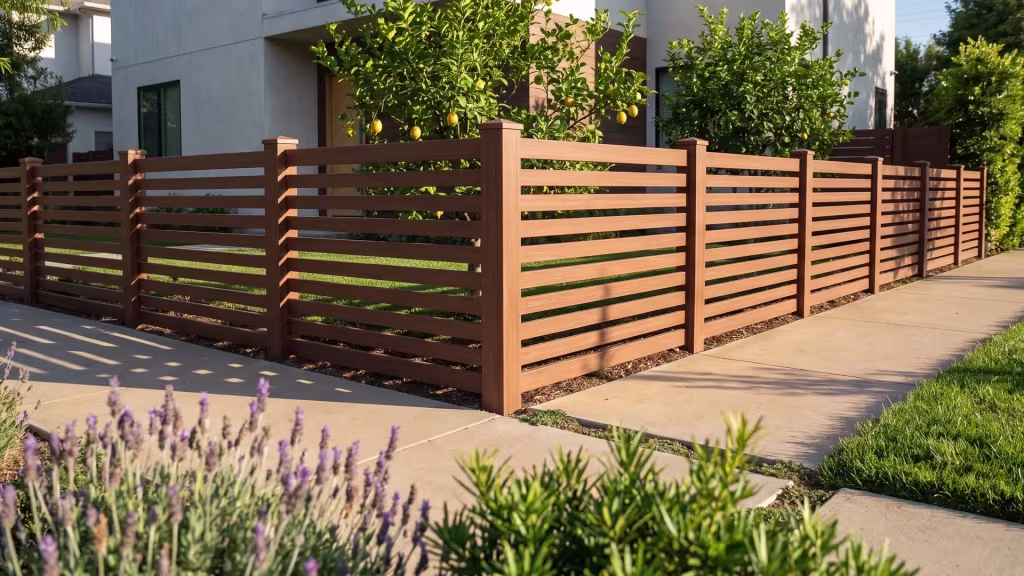 Horizontal picket fence in Brazilian Blend vinyl edging a modern home's lemon tree corner