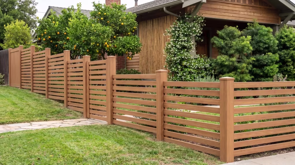 A Craftsman bungalow's flagstone walk runs beside a Sierra Blend horizontal fence in vinyl as the garden slopes