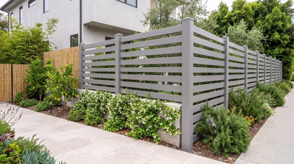 A layered front garden beside the sidewalk holds a Slate Gray picket fence built in vinyl among citrus trees