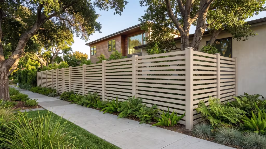 Tan vinyl horizontal picket fence skirting a narrow lawn strip beside a broom finished walk