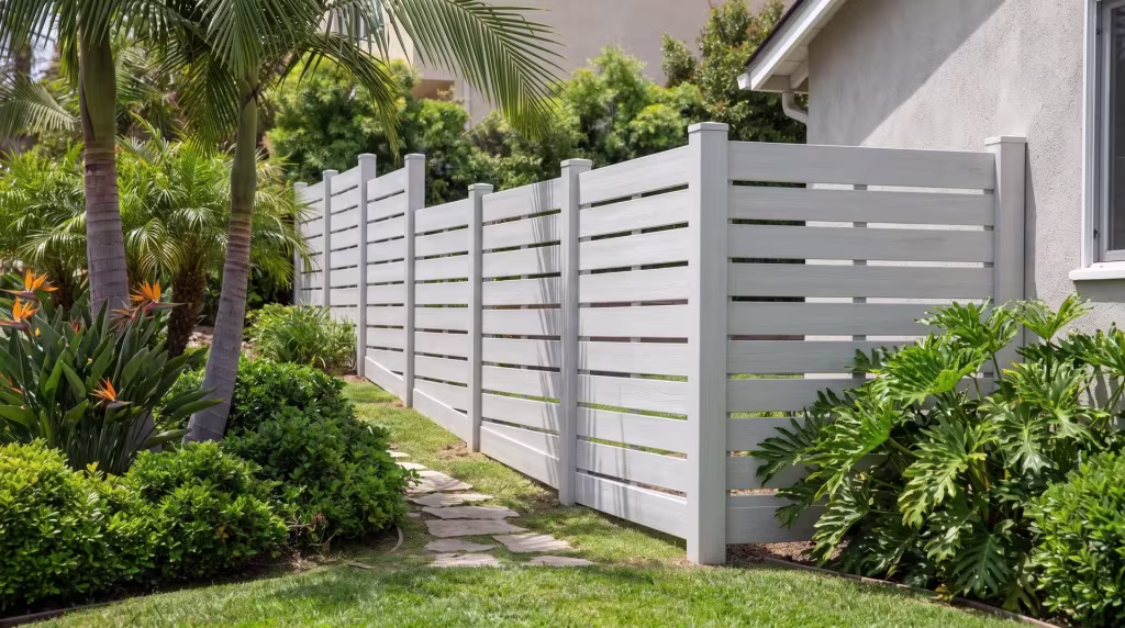 A Weathered Aspen picket fence in vinyl descends the garden slope beside queen palms and bird of paradise