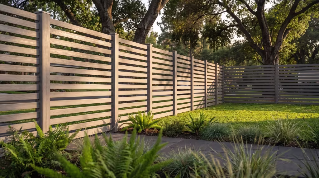 Weathered Blend horizontal picket fence built in vinyl screens an entry walk lined with ferns and lomandra