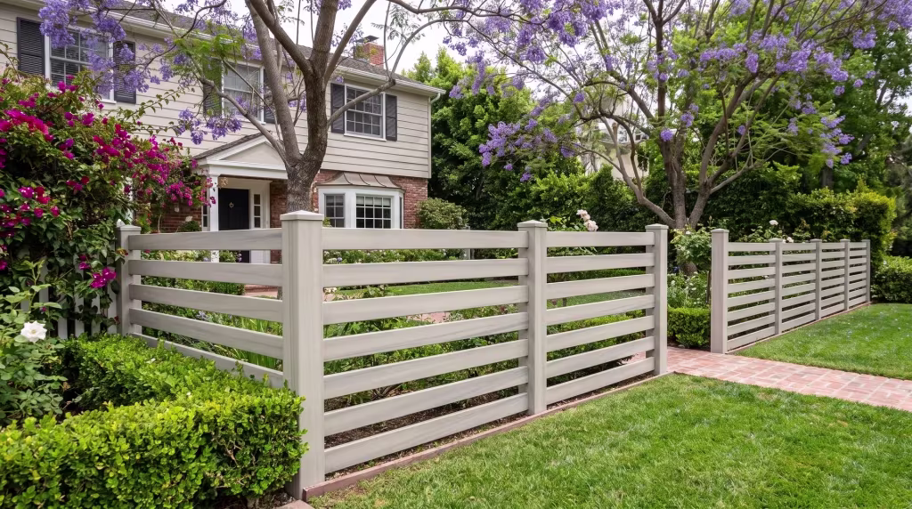 Coastal Cedar horizontal picket fence built in vinyl runs past a two-story home's bougainvillea and boxwood garden