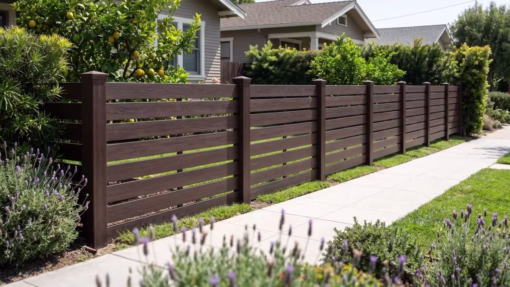 Dark Sequoia vinyl horizontal picket fence shading a lemon tree garden beside a bungalow walk