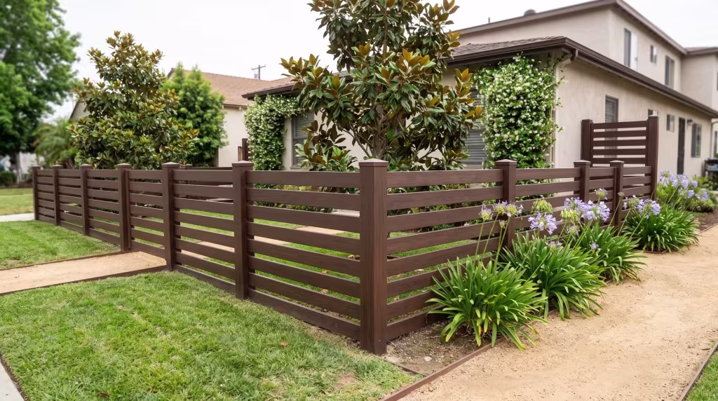 Dark Sequoia horizontal picket fence built in vinyl turns a duplex corner planted with magnolia and jasmine