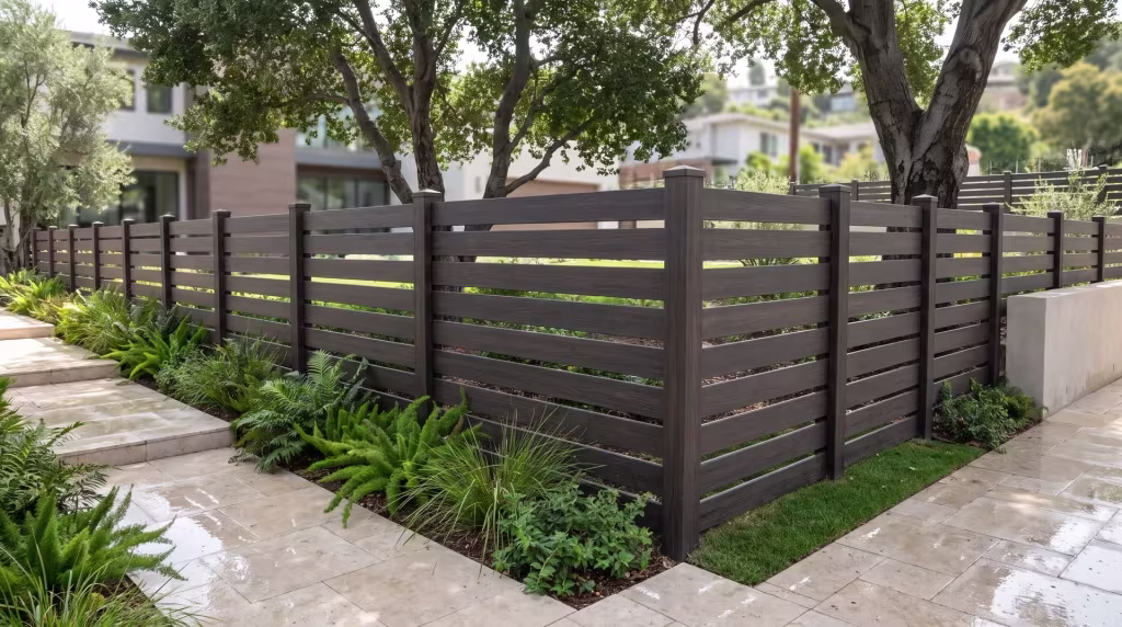 Dark Walnut horizontal picket fence built in vinyl edges pale stone paving above a shaded hillside lot
