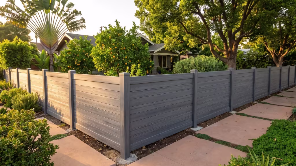 Arctic Blend vinyl horizontal privacy fence enclosing a bungalow backyard beside a tall fan palm and citrus trees