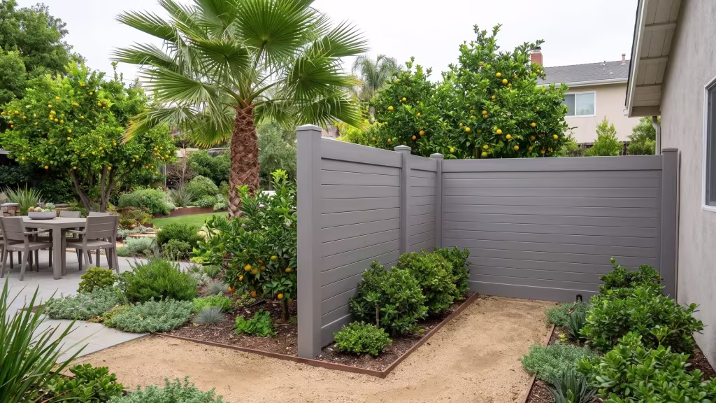 Slate Gray vinyl horizontal privacy fence bordering an outdoor dining terrace lined with decomposed granite paths