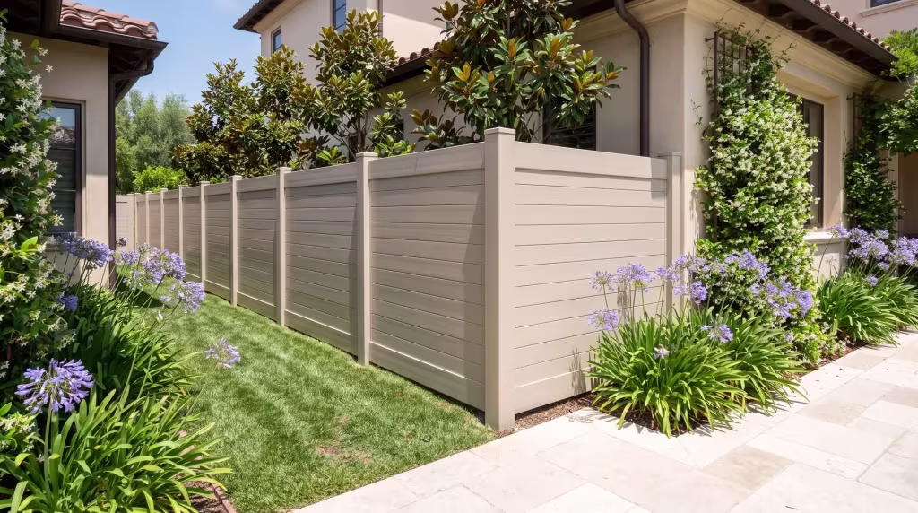 Tan vinyl horizontal privacy fence borders a bed of magnolia and jasmine beside pale stone patio paving