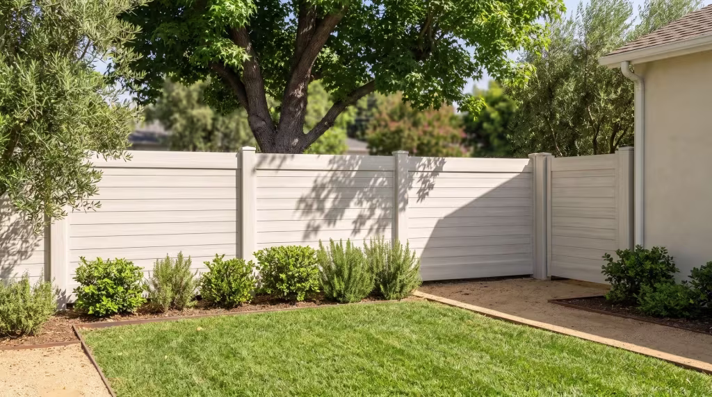 Weathered Aspen vinyl horizontal privacy boards trace decomposed granite paths beneath a canopy of mature olive trees