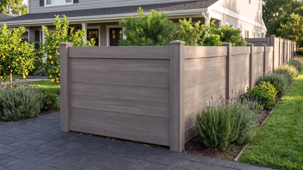 Weathered Blend vinyl horizontal privacy fence framing a planted backyard garden beside a dark paver dining terrace