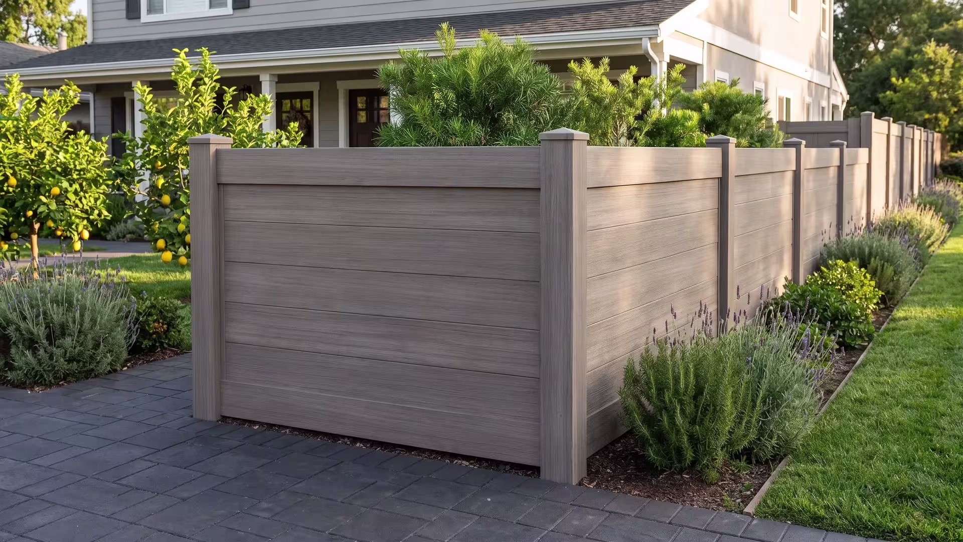 Weathered Blend vinyl horizontal privacy fence framing a planted backyard garden beside a dark paver dining terrace