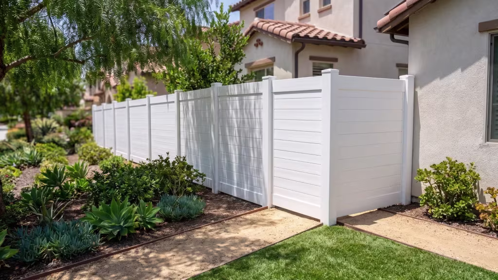 White vinyl horizontal privacy fence running down a narrow side yard planted with pepper trees and succulents