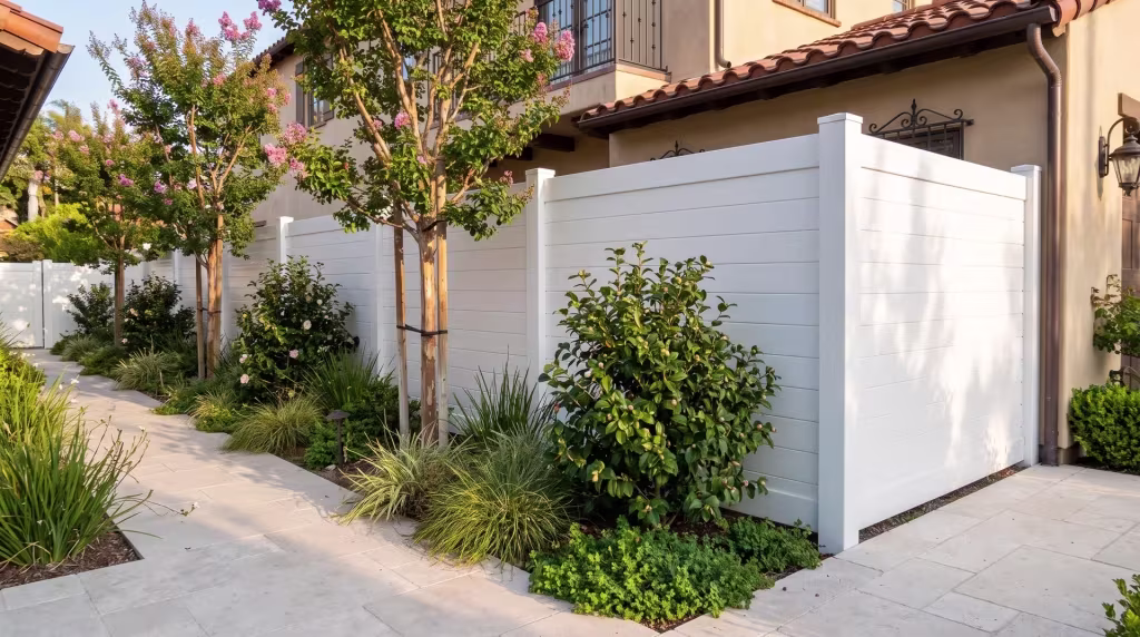 White vinyl horizontal privacy fence backs a bed of crepe myrtle and camellias on pale stone paving