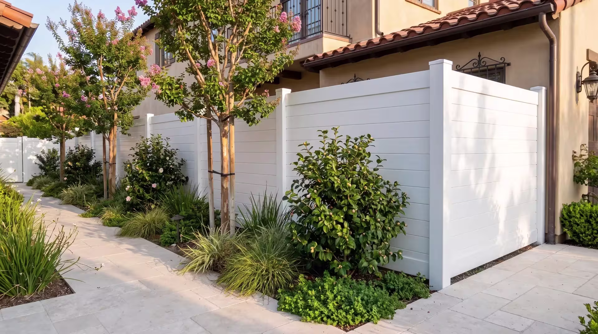 White vinyl horizontal privacy fence backs a bed of crepe myrtle and camellias on pale stone paving