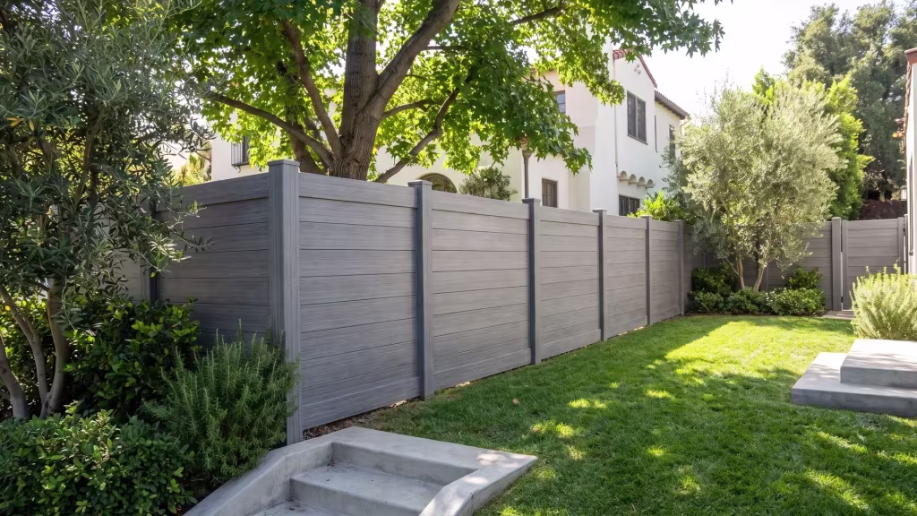 Arctic Blend vinyl forms a horizontal privacy fence past poured concrete steps below a mature olive tree