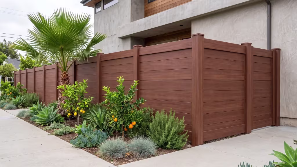 Brazilian Blend vinyl horizontal privacy fence lining a broom finished concrete walk through a narrow side yard