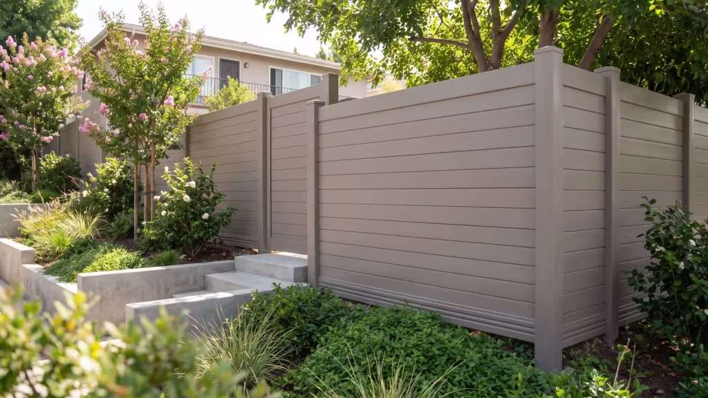 Clay vinyl horizontal privacy fence with level panels stepping down a terraced hillside backyard