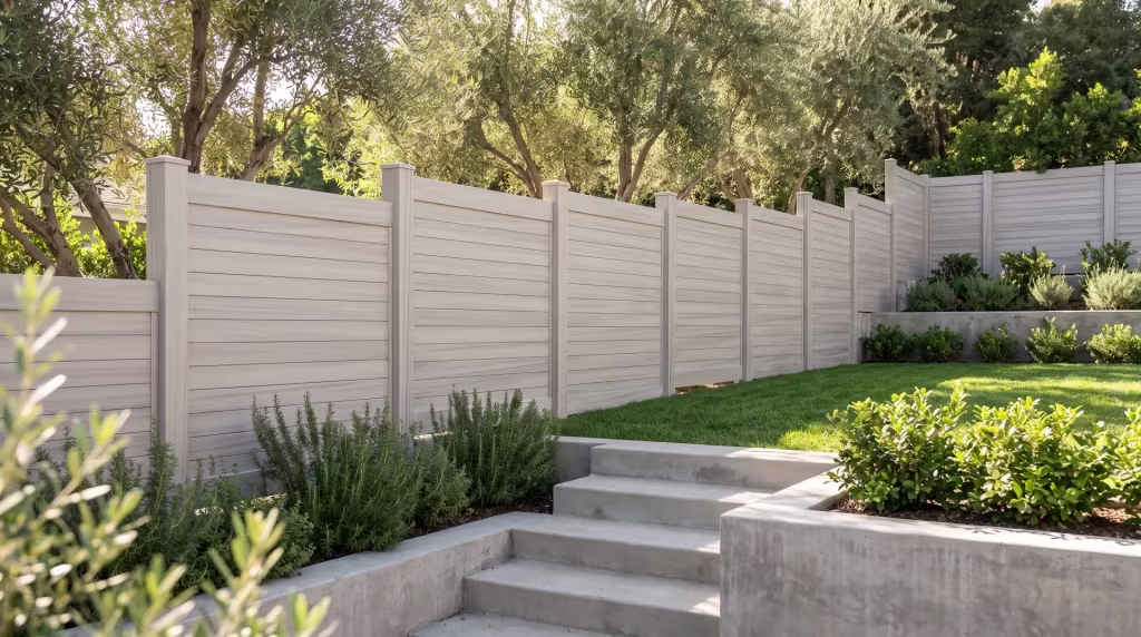 Poured concrete steps and retaining edges border this Coastal Cedar vinyl horizontal privacy run on a hillside