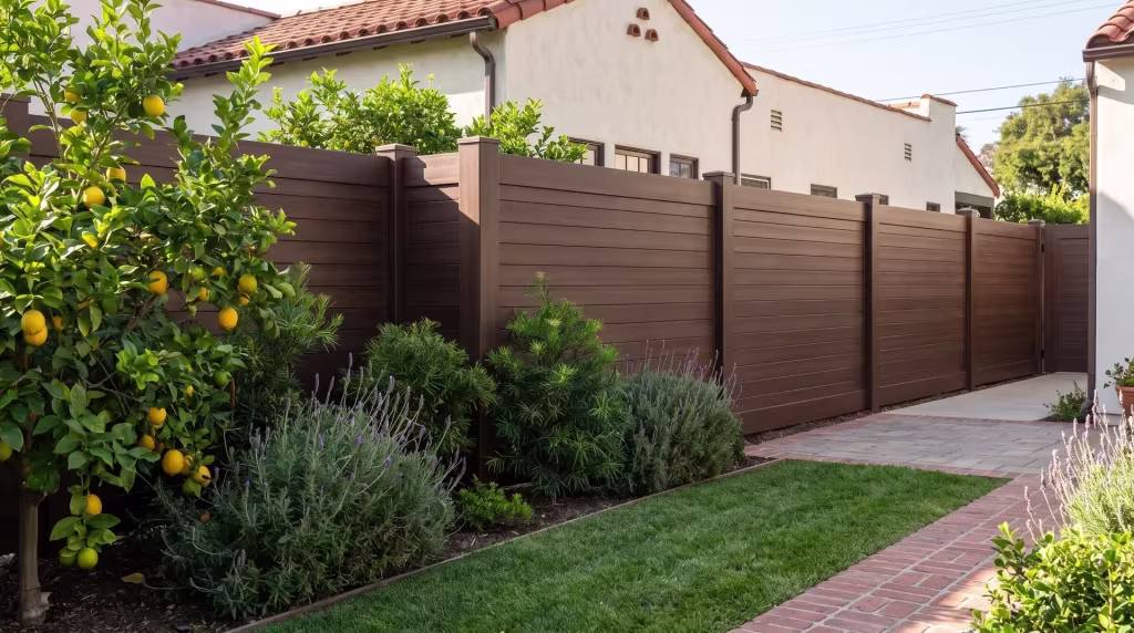 Dark Sequoia vinyl horizontal privacy boards follow a brick-edged path bordering a paved patio