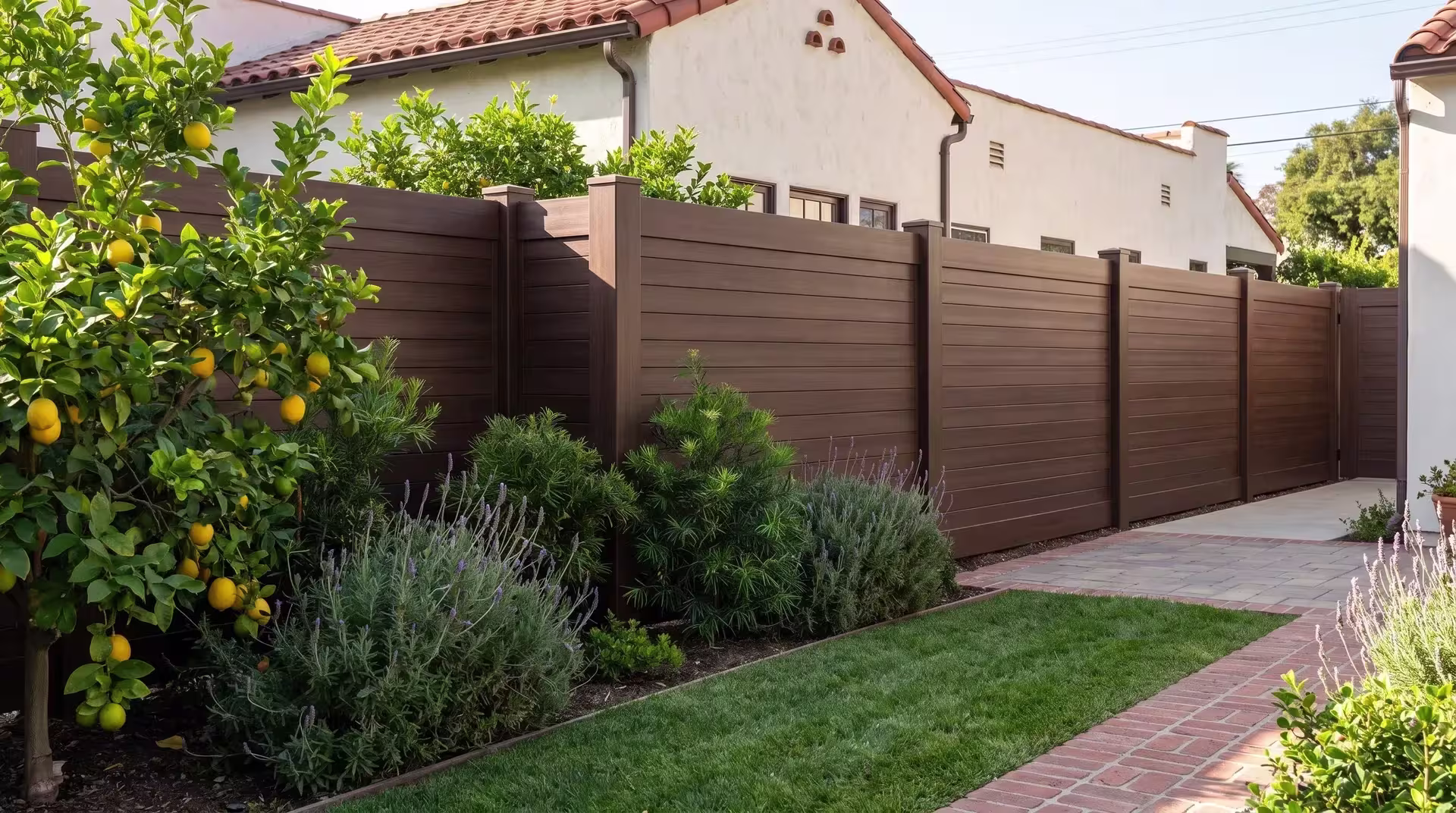 Dark Sequoia vinyl horizontal privacy boards follow a brick-edged path bordering a paved patio