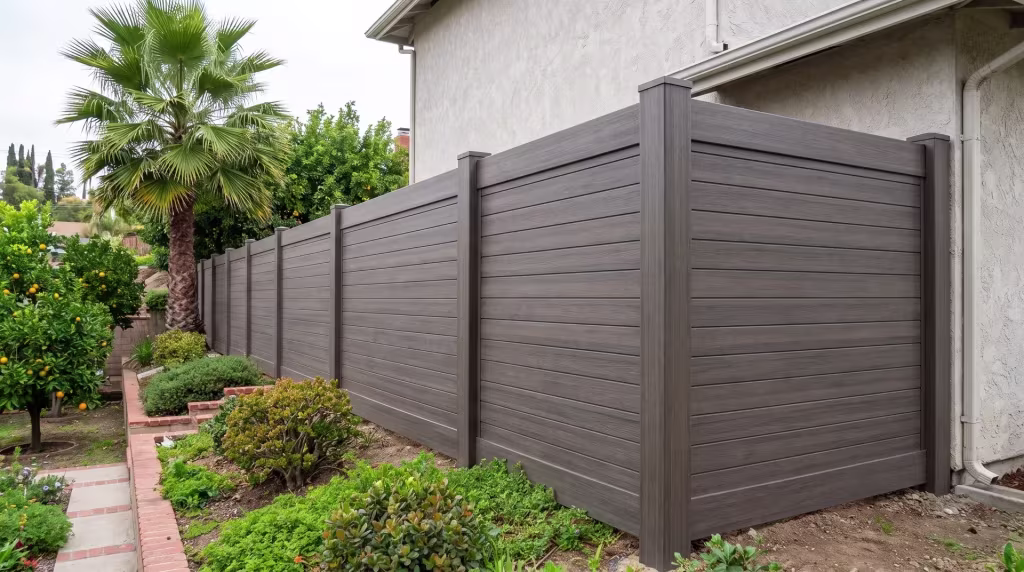 Matching caps and straight rails show clearly on this Dark Walnut vinyl horizontal privacy run beside a brick path