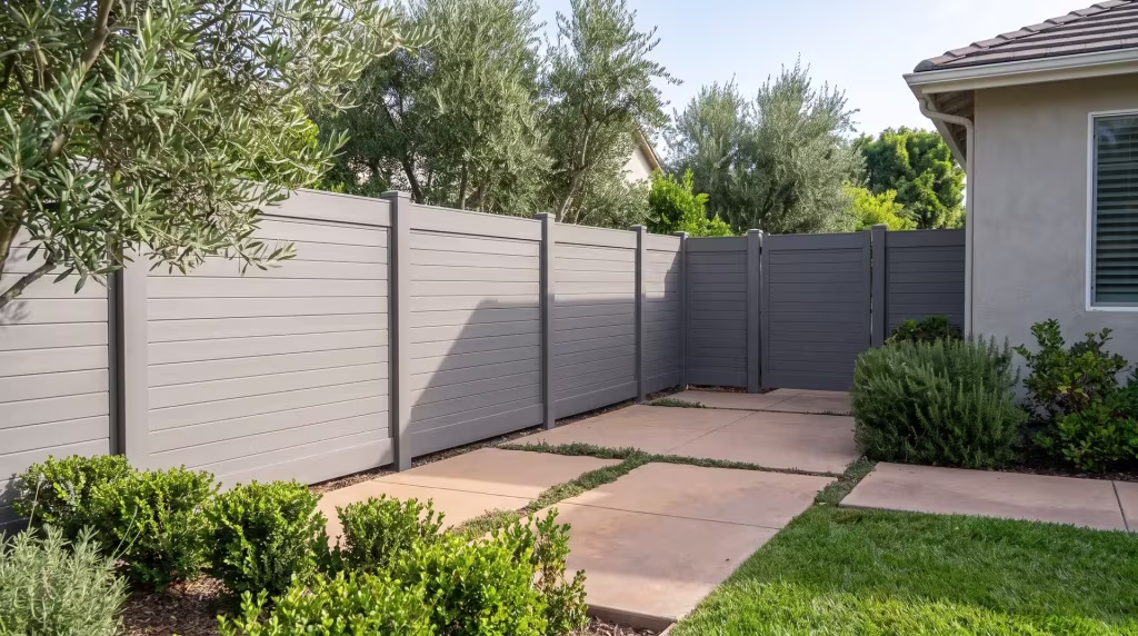 Gray vinyl horizontal privacy fence encloses a garden of olive trees beside concrete pavers with planted joints