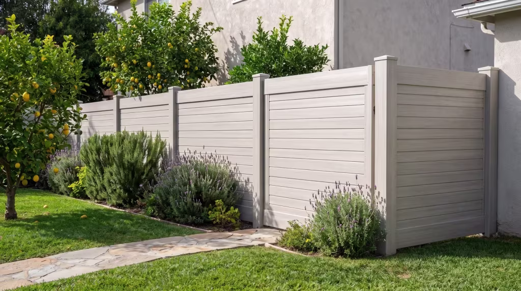 Mesquite vinyl horizontal privacy fence runs beside a flagstone walk through a lawn planted with lemon trees