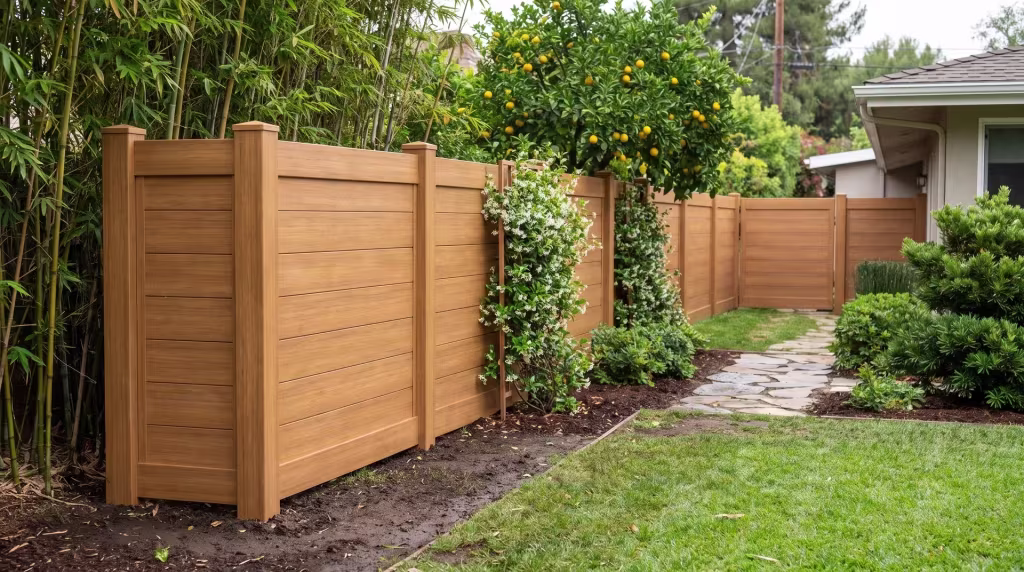 Bamboo screening and star jasmine grow beside this Sierra Blend vinyl horizontal privacy run on a hillside