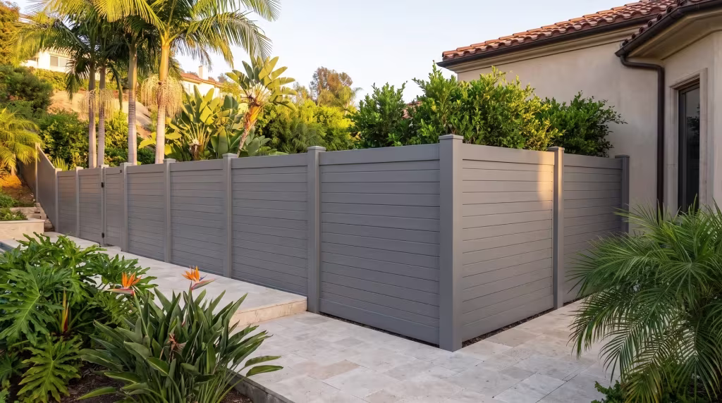 Queen palms and bird-of-paradise rise beside this Slate Gray vinyl horizontal privacy run on pale stone paving