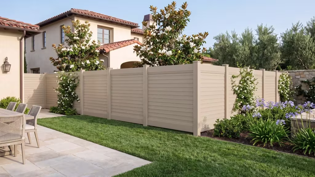Tan vinyl horizontal privacy fence bordering a dining terrace paved in large format pale stone