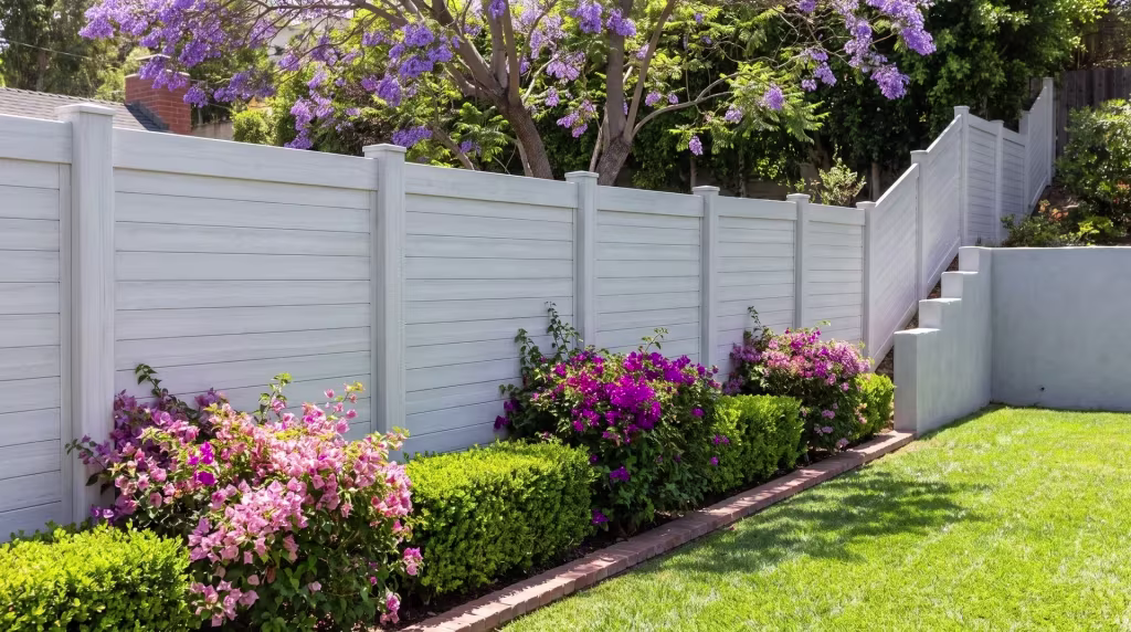 A jacaranda canopy and flowering bougainvillea shade these Weathered Aspen vinyl horizontal privacy panels along a brick path