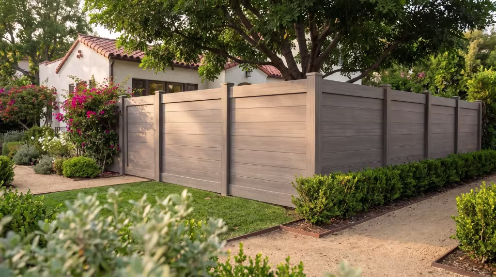 A mature shade tree stands over this Weathered Blend vinyl horizontal privacy run beside steel-edged granite paths